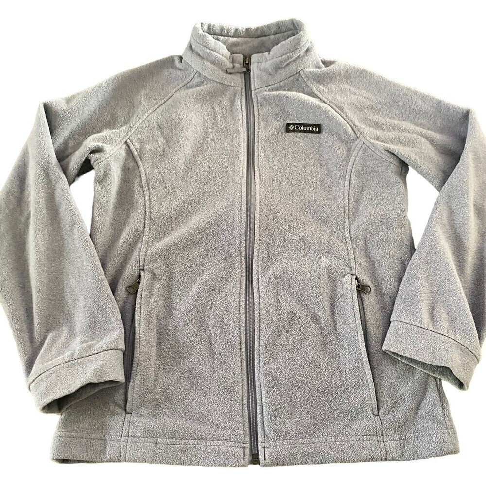 Columbia Fleece Jacket Youth LARGE Full Zip Size Long Sleeve Pockets Light Gray‎